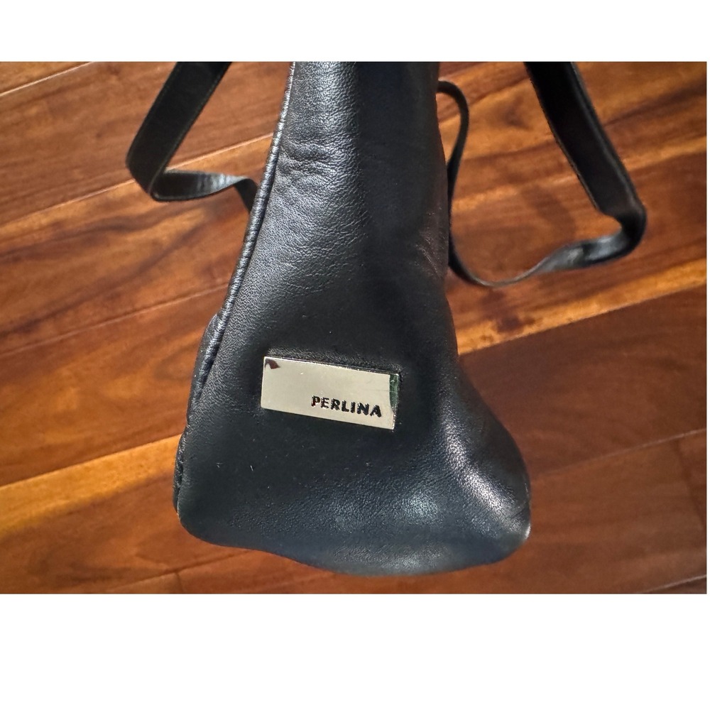 Perlina New York Y2K Black Leather Triple Compartment Shoulder Bag Tote - Picture 8 of 8
